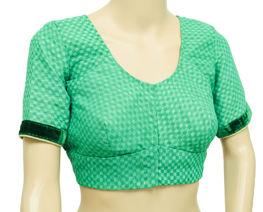 Size 34 Vintage Green Checks Printed Stitched Sari Blouse Georgette Silk Top