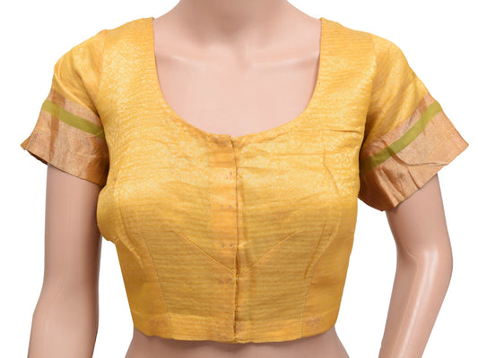 Sushila Vintage Readymade Yellow Sari Blouse 100% Pure Silk Woven Choli Size 40