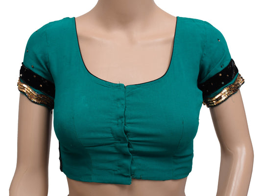 Size 30 Vintage Teal Green Stitched Silk Sari Blouse Hand Beaded Designer Top