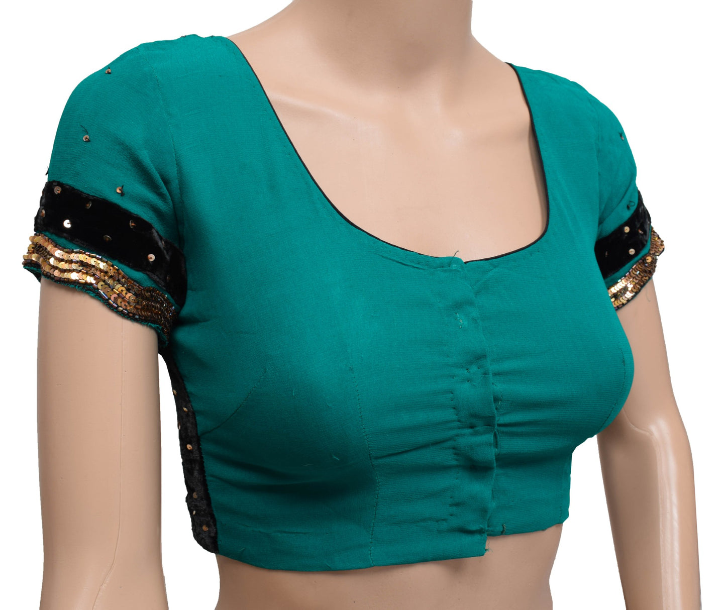 Size 30 Vintage Teal Green Stitched Silk Sari Blouse Hand Beaded Designer Top