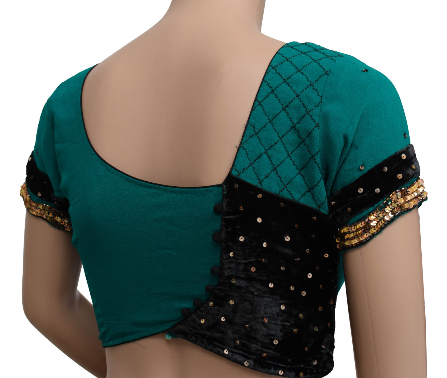 Size 30 Vintage Teal Green Stitched Silk Sari Blouse Hand Beaded Designer Top