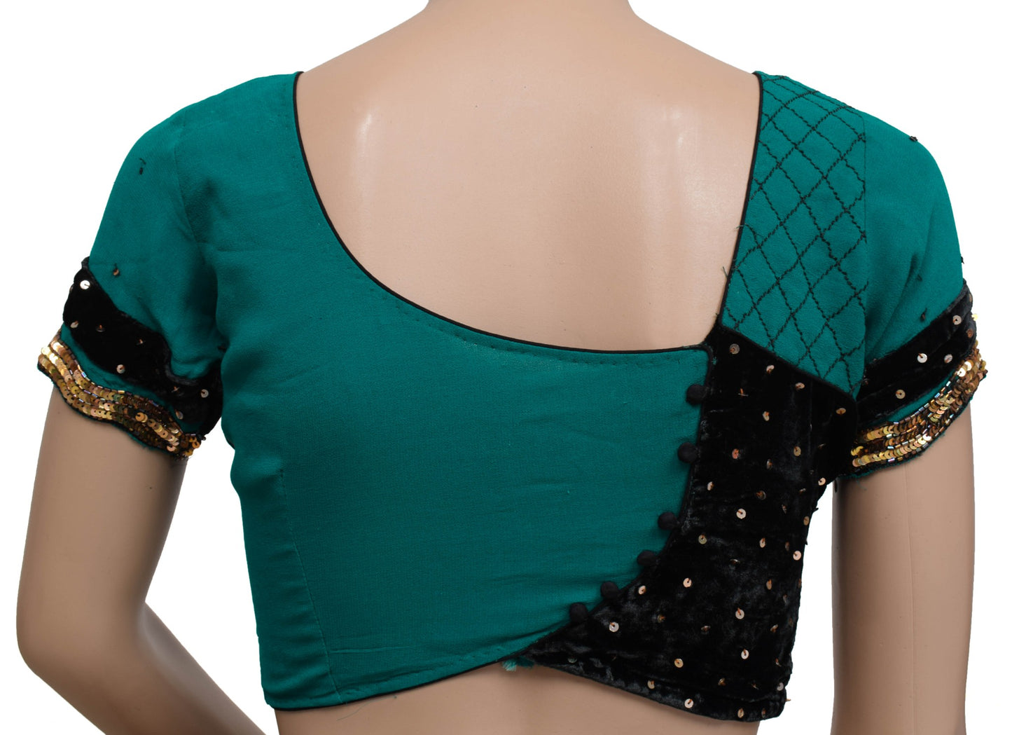 Size 30 Vintage Teal Green Stitched Silk Sari Blouse Hand Beaded Designer Top