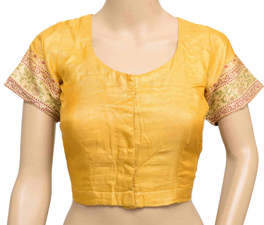 Sushila Vintage Stitched Mustard Sari Blouse Pure Tussar Silk Woven Choli Size36