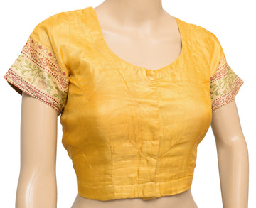 Sushila Vintage Stitched Mustard Sari Blouse Pure Tussar Silk Woven Choli Size36