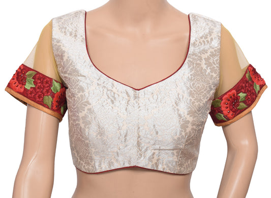 Sushila Vintage Zari Brocade Sari Blouse White Readymade Silk Designer Choli 36"
