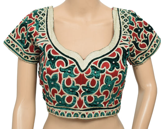 Sushila Vintage Red Green Stitch Sari Blouse Velvet Embroidered Designer Top 34"