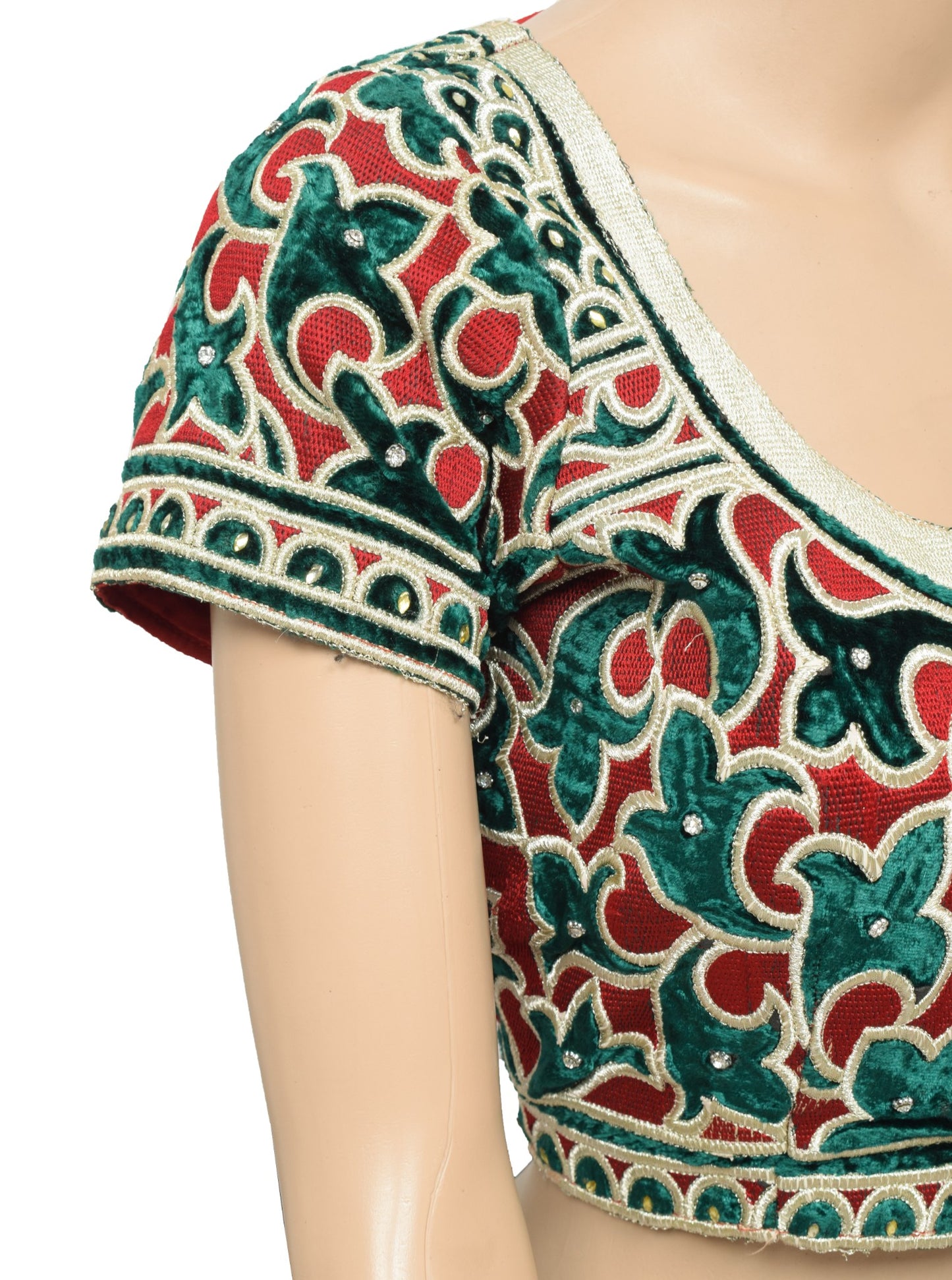 Sushila Vintage Red Green Stitch Sari Blouse Velvet Embroidered Designer Top 34"