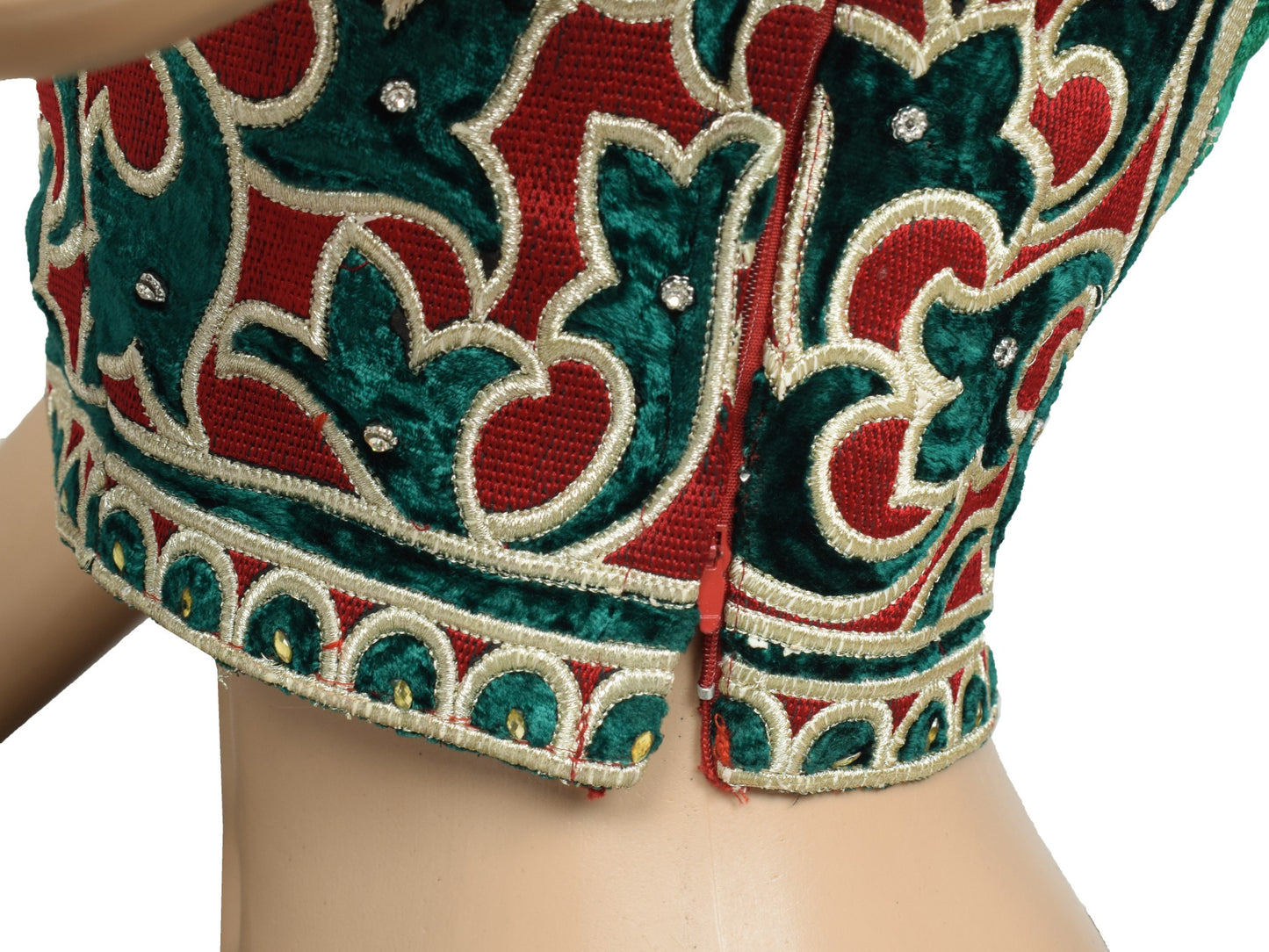 Sushila Vintage Red Green Stitch Sari Blouse Velvet Embroidered Designer Top 34"