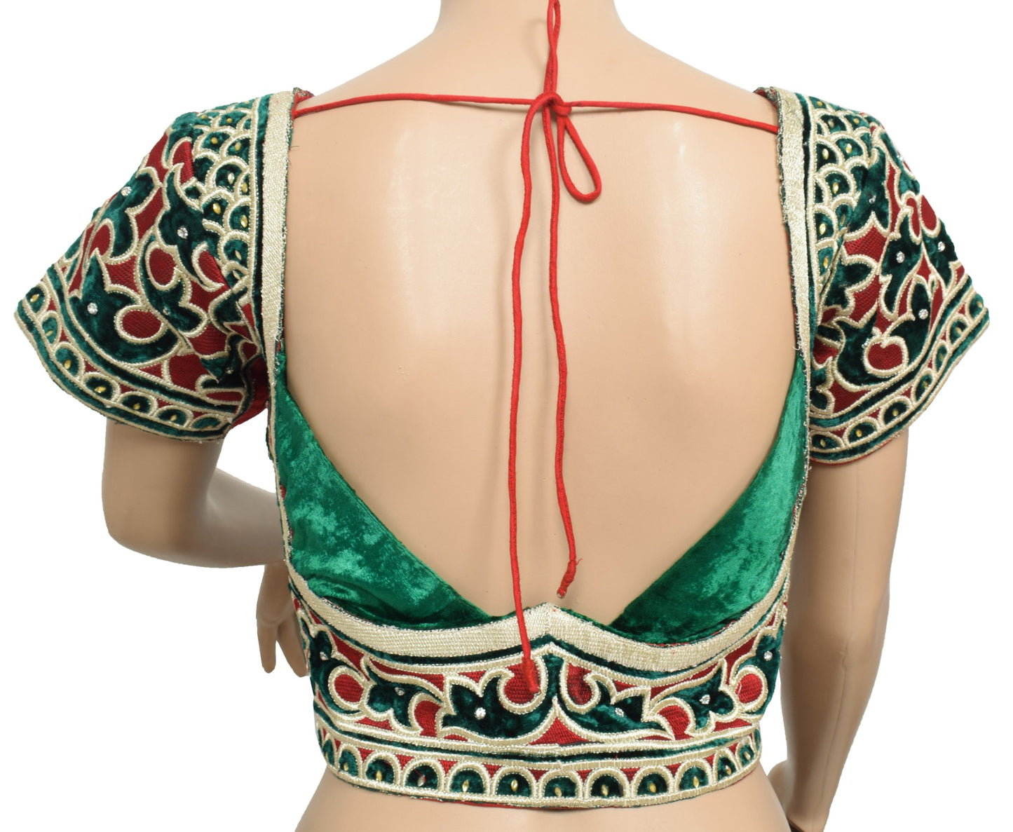Sushila Vintage Red Green Stitch Sari Blouse Velvet Embroidered Designer Top 34"