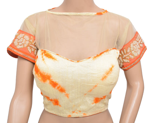 Sushila Vintage Batik Print Saree blouse Cream and orange Designer Silk Top 38"