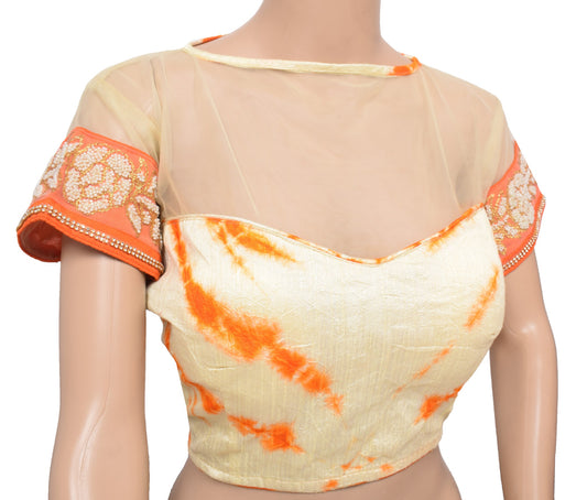 Sushila Vintage Batik Print Saree blouse Cream and orange Designer Silk Top 38"