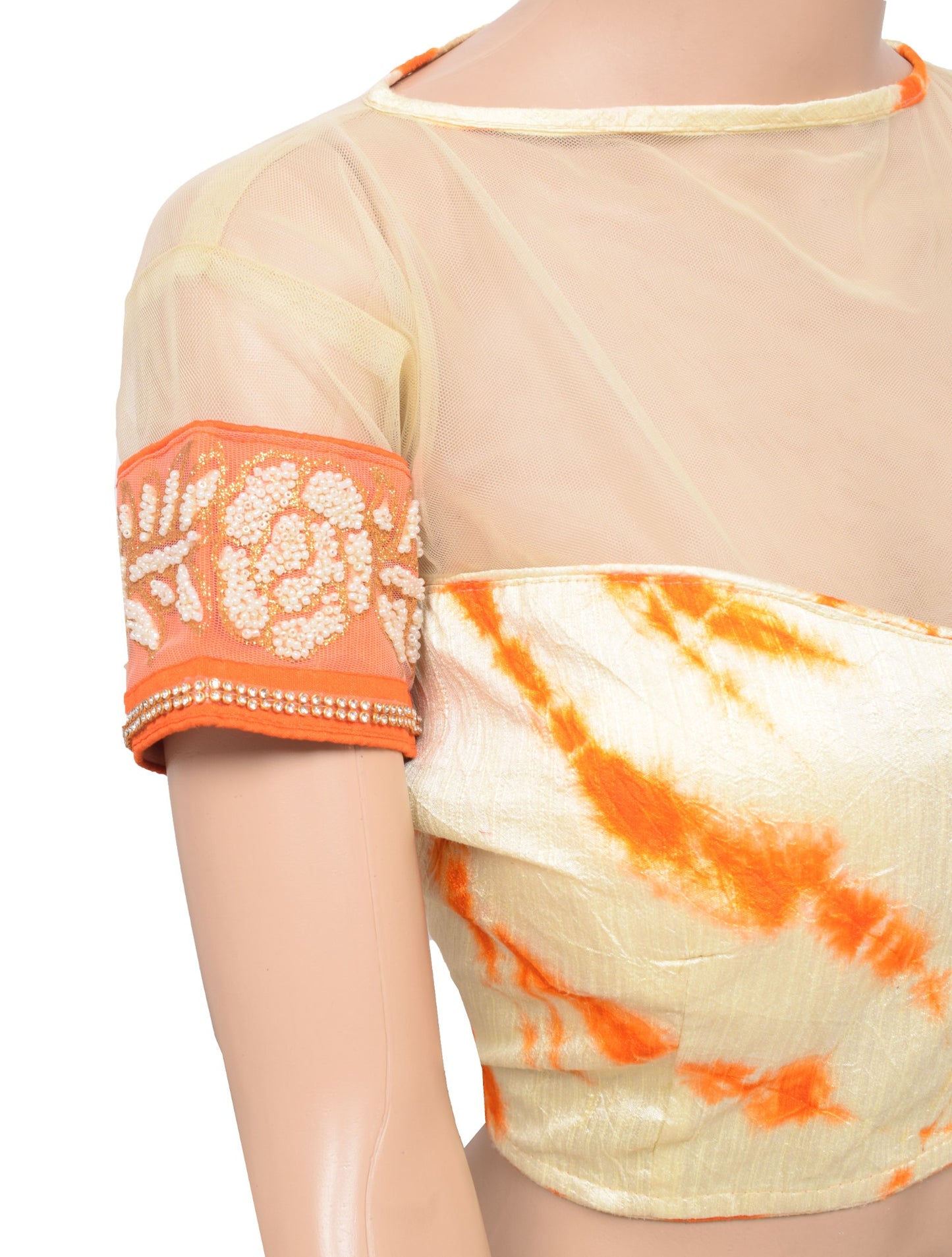 Sushila Vintage Batik Print Saree blouse Cream and orange Designer Silk Top 38"