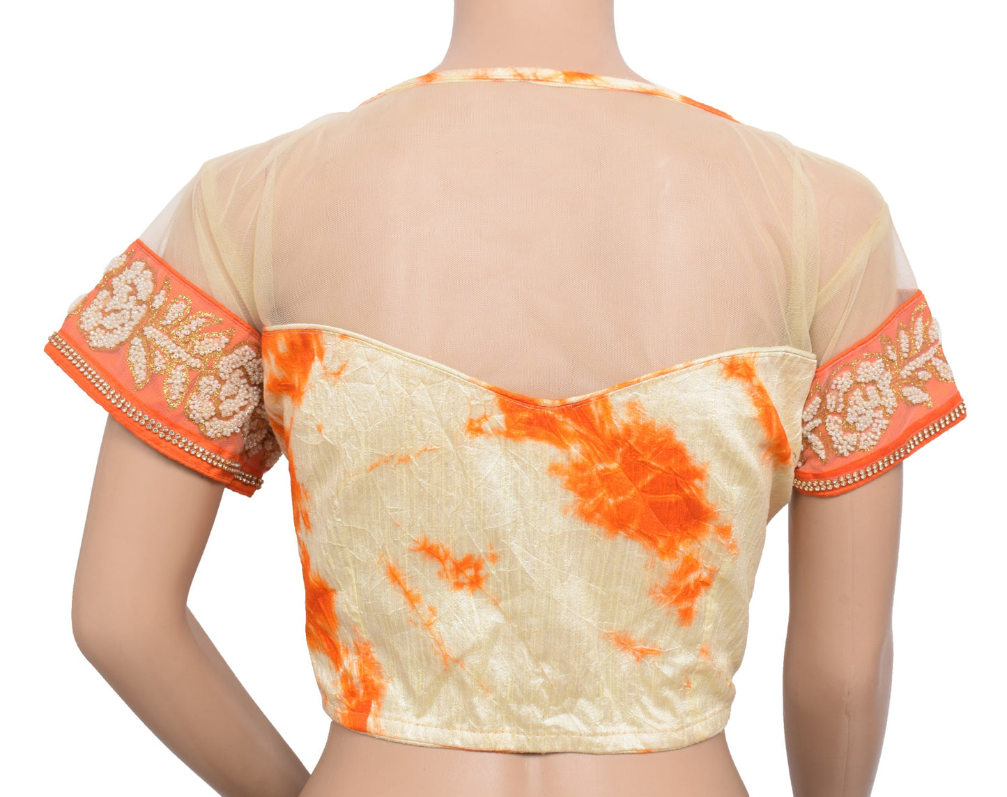 Sushila Vintage Batik Print Saree blouse Cream and orange Designer Silk Top 38"