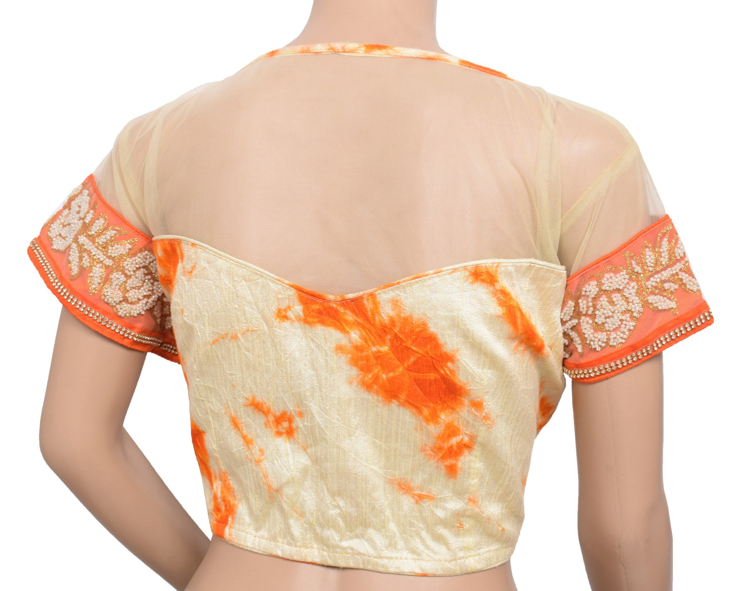 Sushila Vintage Batik Print Saree blouse Cream and orange Designer Silk Top 38"