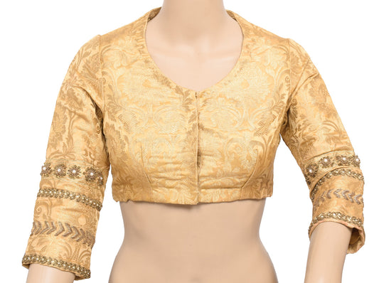 Sushila Vintage Golden Sari Blouse Readymade Zardozi Work Woven Satin Choli 32"