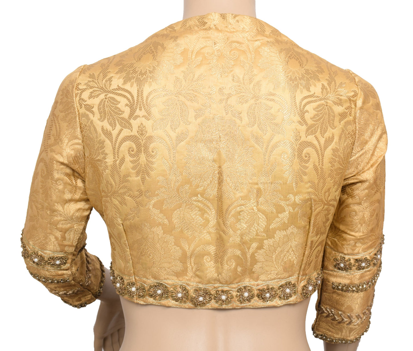 Sushila Vintage Golden Sari Blouse Readymade Zardozi Work Woven Satin Choli 32"