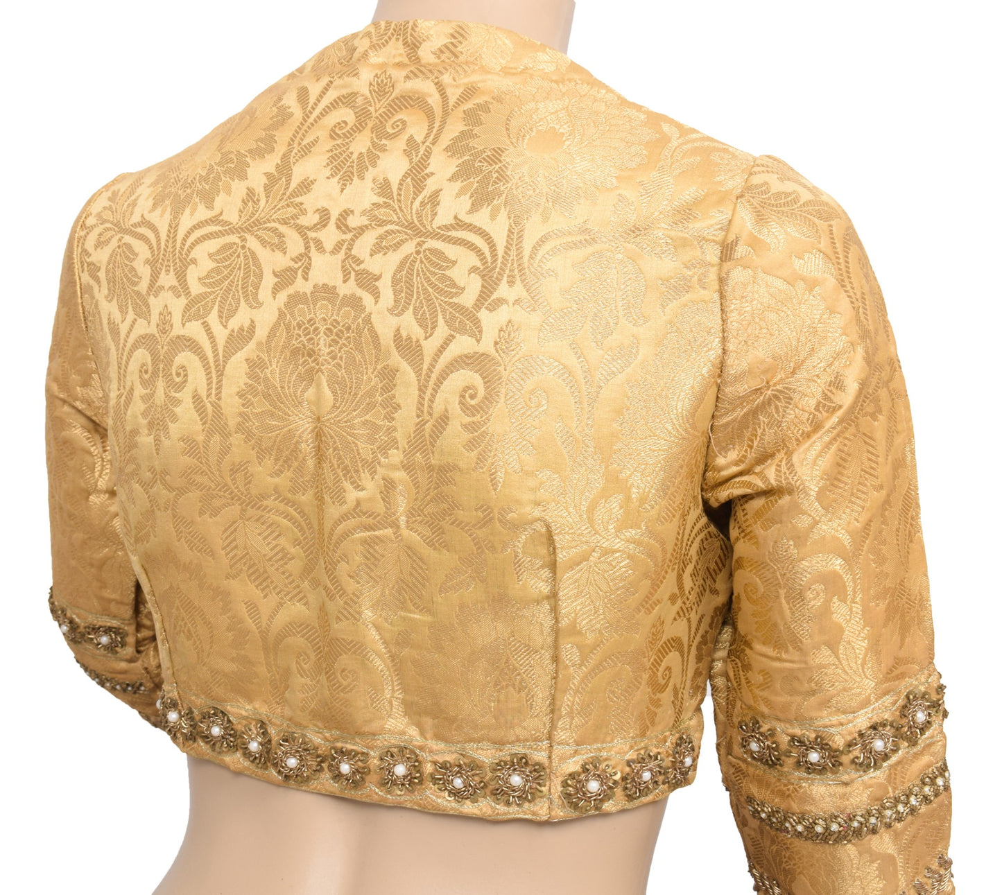 Sushila Vintage Golden Sari Blouse Readymade Zardozi Work Woven Satin Choli 32"