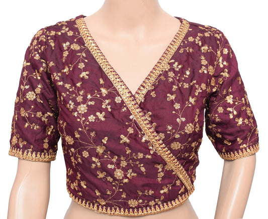 Sushila Vintage Dark Purple Sari Blouse Silk Embroidered BRANDED Designer Top32"
