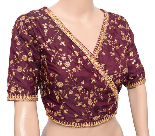 Sushila Vintage Dark Purple Sari Blouse Silk Embroidered BRANDED Designer Top32"