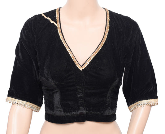 Sushila Vintage Black Velvet Sari Blouse Lace Embellish Designer Stitch Choli36"