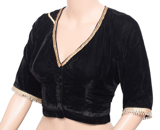 Sushila Vintage Black Velvet Sari Blouse Lace Embellish Designer Stitch Choli36"