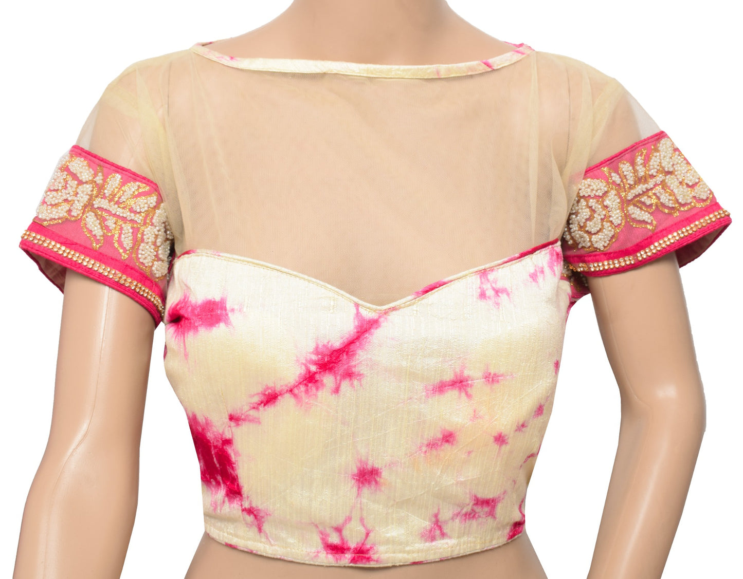 Sushila Vintage Batik Print Saree blouse Cream and Magenta Designer Silk Top 36"