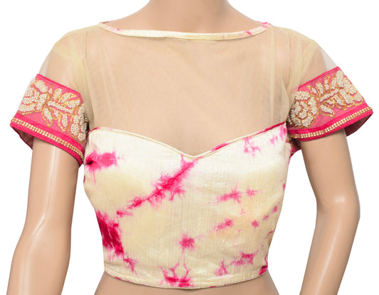 Sushila Vintage Batik Print Saree blouse Cream and Magenta Designer Silk Top 36"