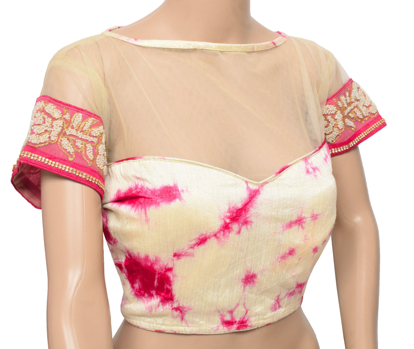 Sushila Vintage Batik Print Saree blouse Cream and Magenta Designer Silk Top 36"
