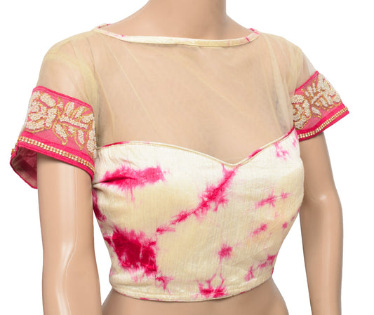 Sushila Vintage Batik Print Saree blouse Cream and Magenta Designer Silk Top 36"