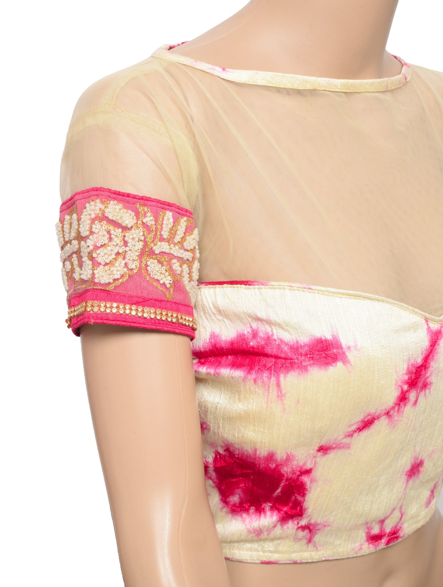 Sushila Vintage Batik Print Saree blouse Cream and Magenta Designer Silk Top 36"