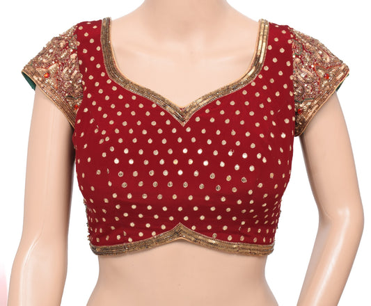 Sushila Vintage Readymade Maroon Sari Blouse Hand Beaded HEAVY Designer Choli34"
