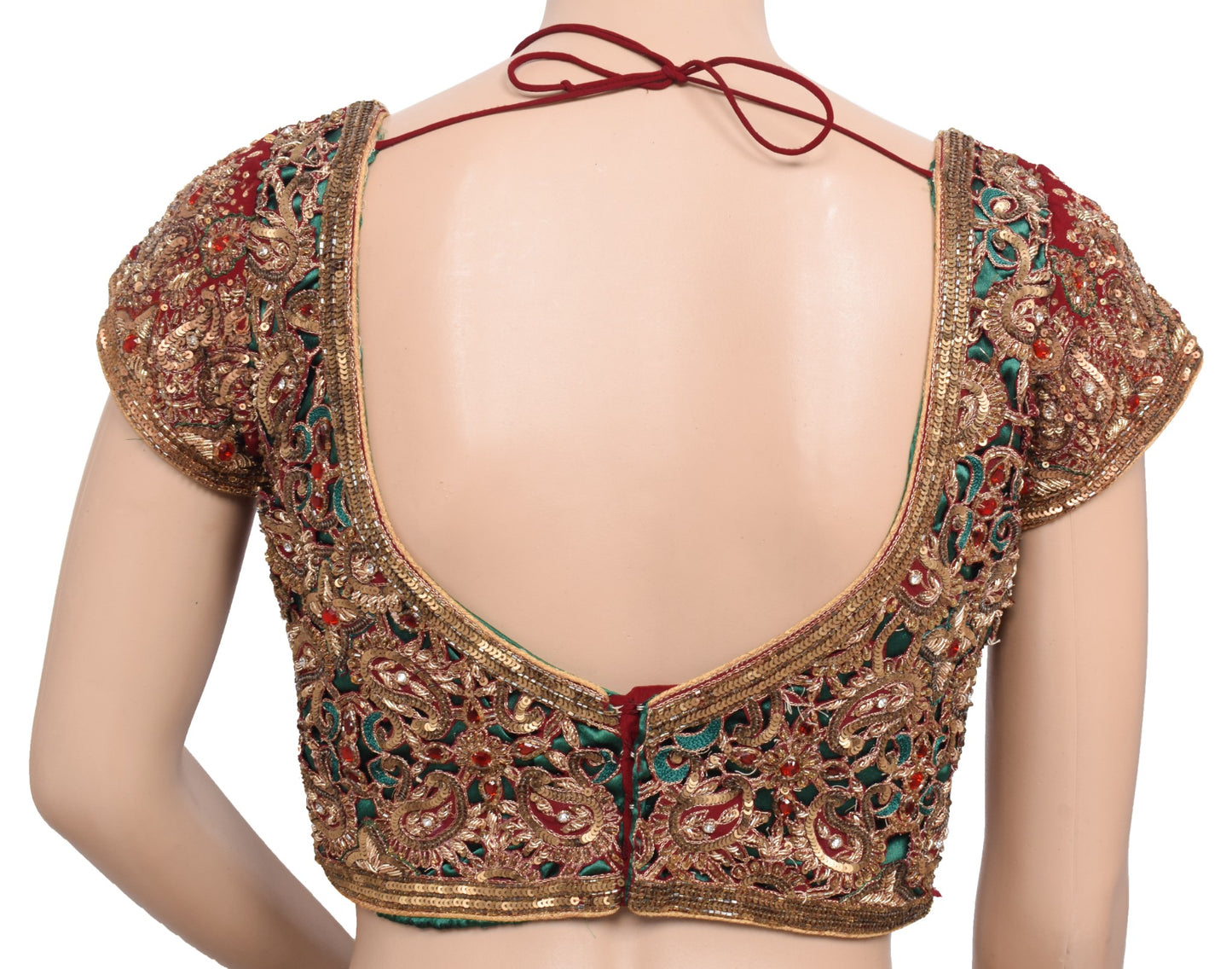 Sushila Vintage Readymade Maroon Sari Blouse Hand Beaded HEAVY Designer Choli34"