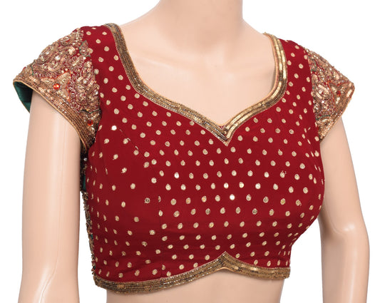 Sushila Vintage Readymade Maroon Sari Blouse Hand Beaded HEAVY Designer Choli34"