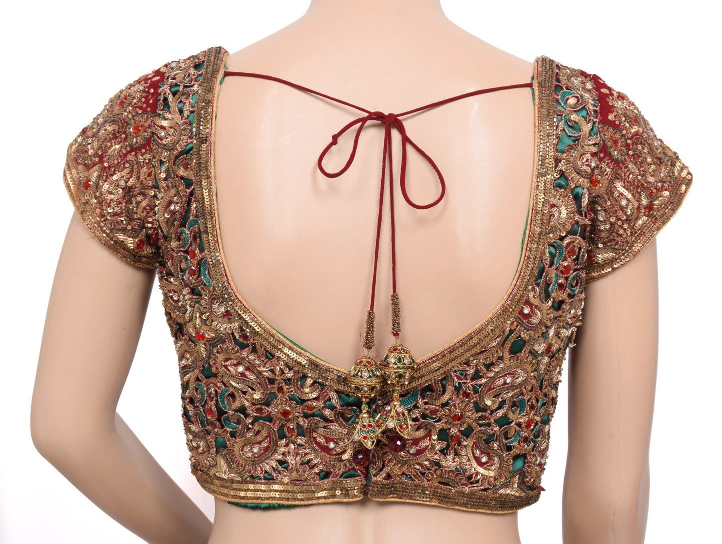 Sushila Vintage Readymade Maroon Sari Blouse Hand Beaded HEAVY Designer Choli34"