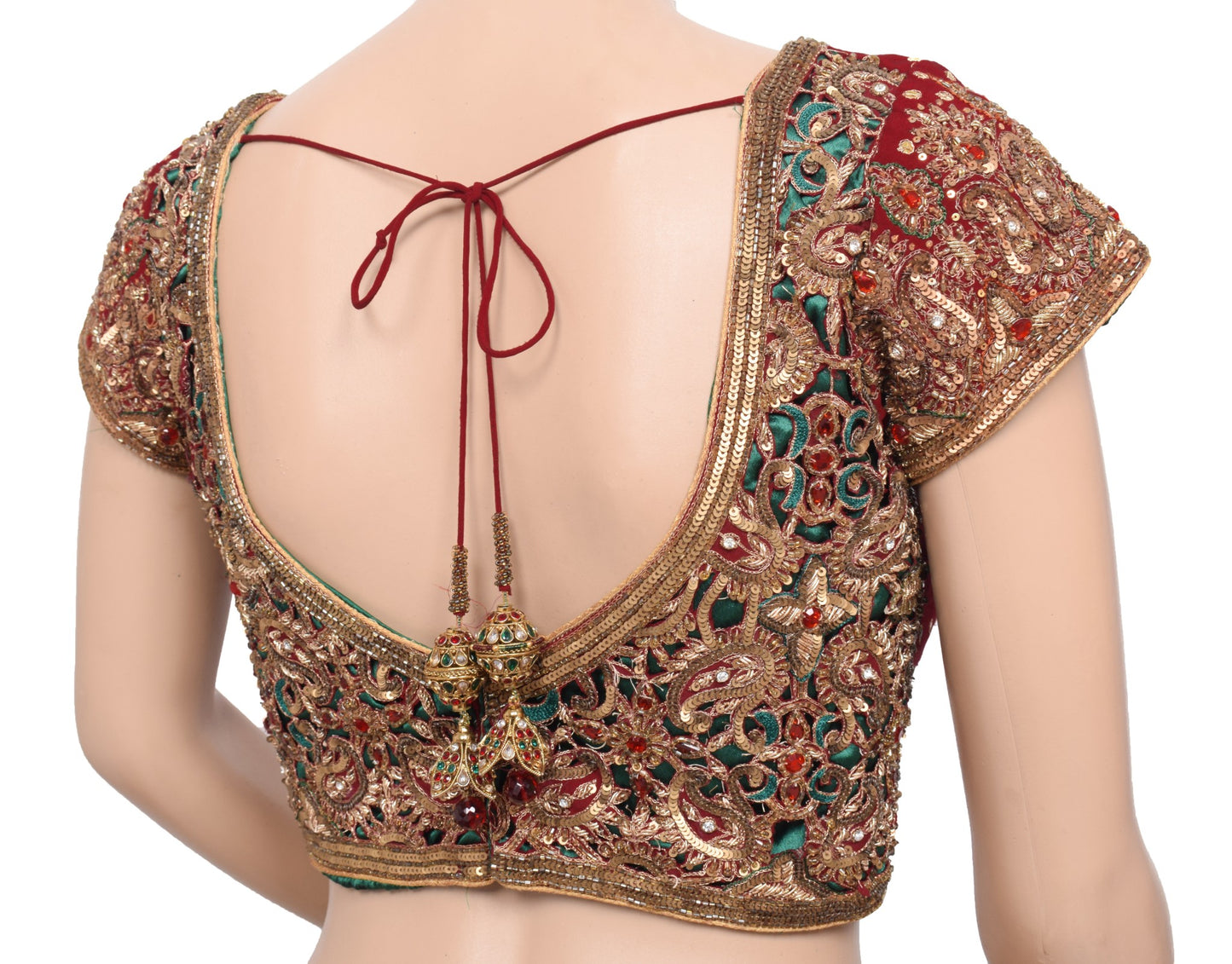 Sushila Vintage Readymade Maroon Sari Blouse Hand Beaded HEAVY Designer Choli34"