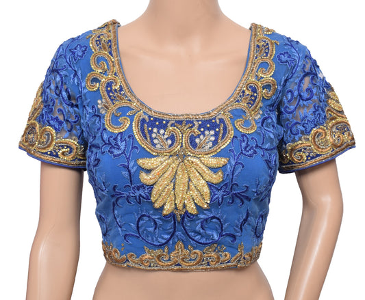 Sushila Vintage Blue Sari Blouse Readymade Net Embroidered BRANDED Top Choli 38"