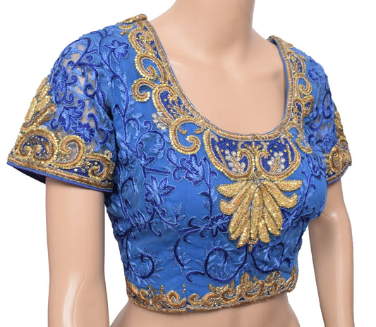 Sushila Vintage Blue Sari Blouse Readymade Net Embroidered BRANDED Top Choli 38"