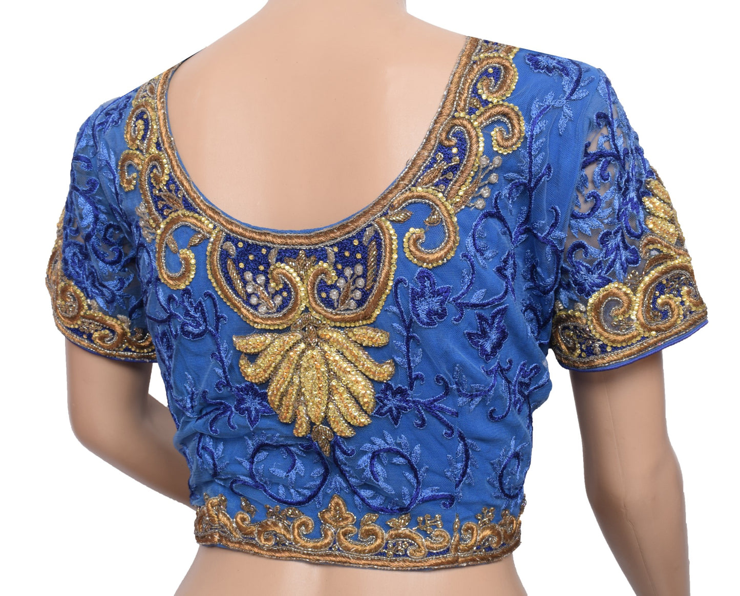 Sushila Vintage Blue Sari Blouse Readymade Net Embroidered BRANDED Top Choli 38"