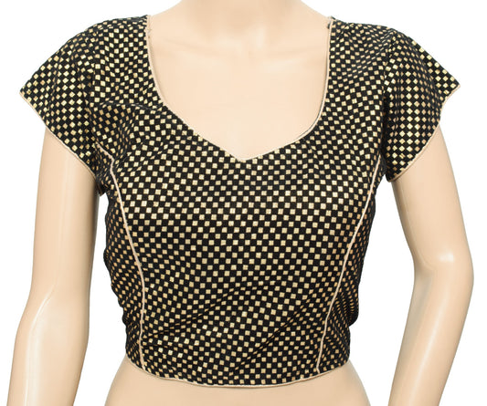 Sushila Vintage Gold Black Sari Blouse Checks Woven Velvet Zari Readymade Top40"