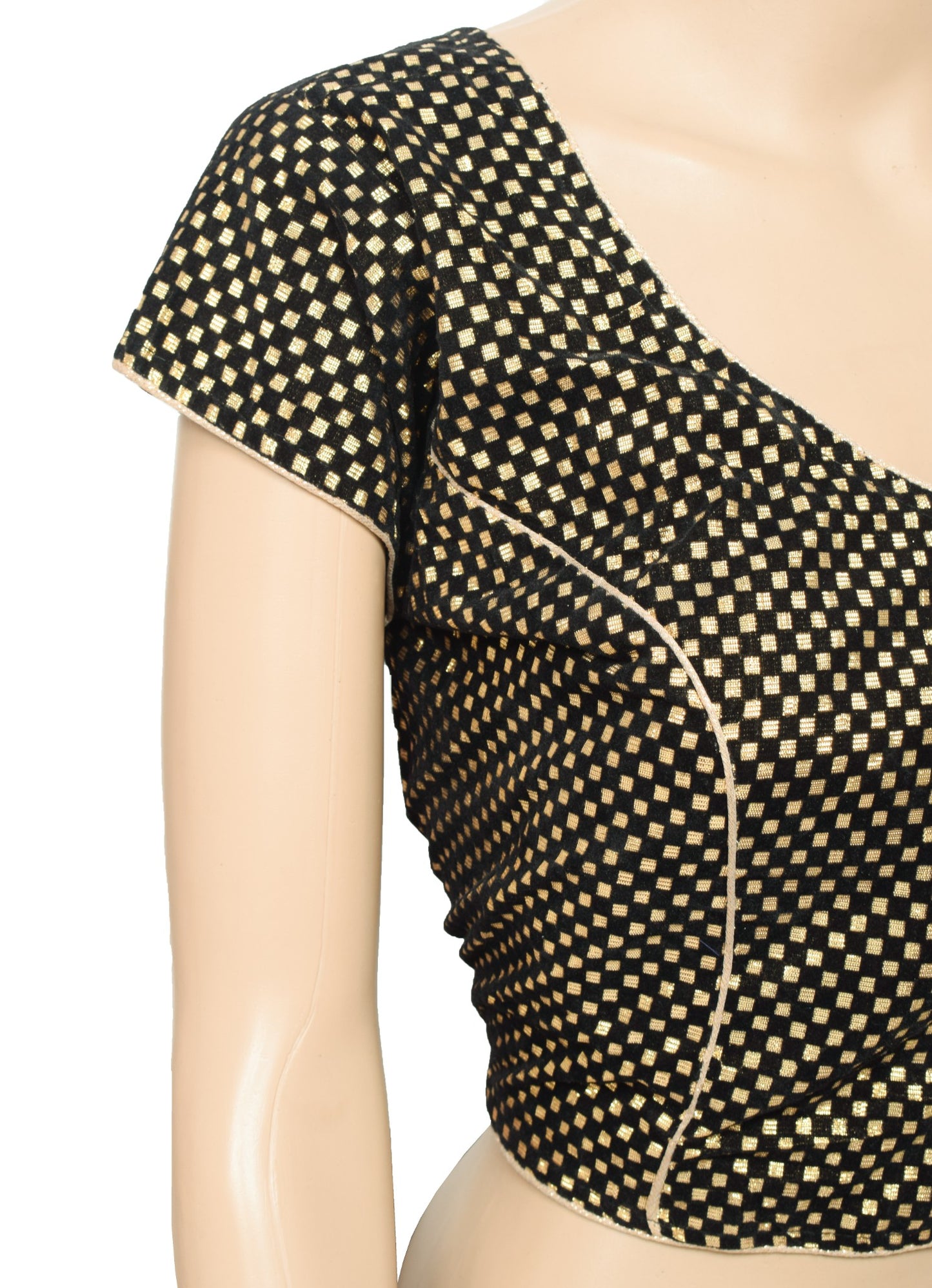 Sushila Vintage Gold Black Sari Blouse Checks Woven Velvet Zari Readymade Top40"