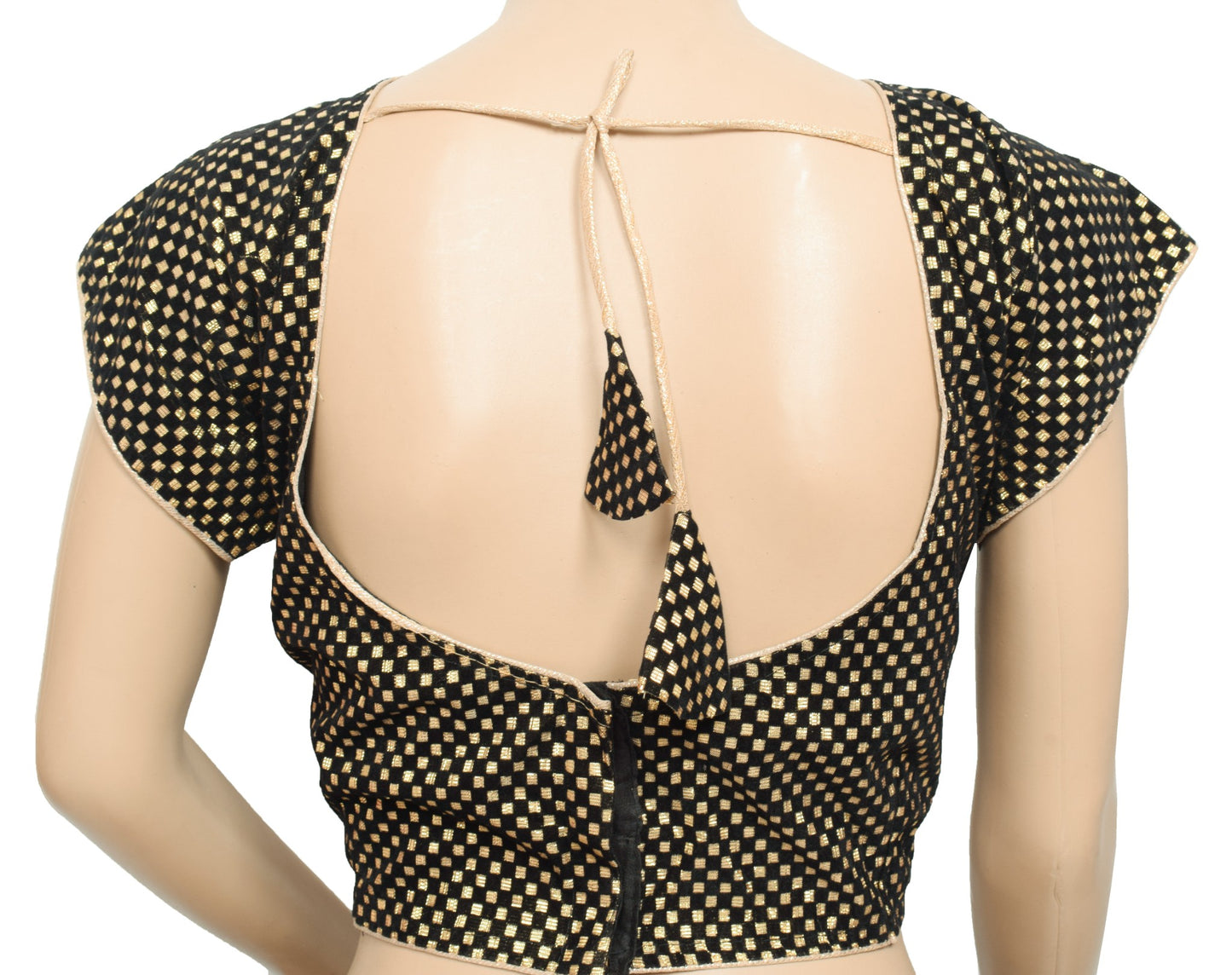 Sushila Vintage Gold Black Sari Blouse Checks Woven Velvet Zari Readymade Top40"