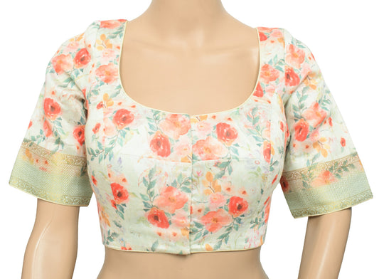 Sushila Vintage Green Floral Sari Blouse Cotton Silk Digital Print Top Choli 38"