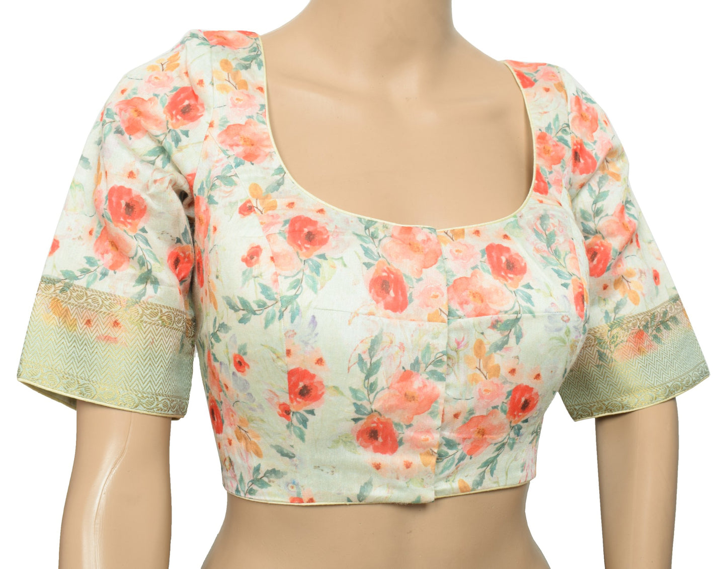 Sushila Vintage Green Floral Sari Blouse Cotton Silk Digital Print Top Choli 38"