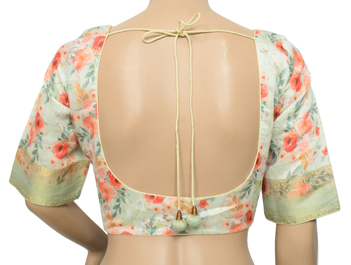 Sushila Vintage Green Floral Sari Blouse Cotton Silk Digital Print Top Choli 38"