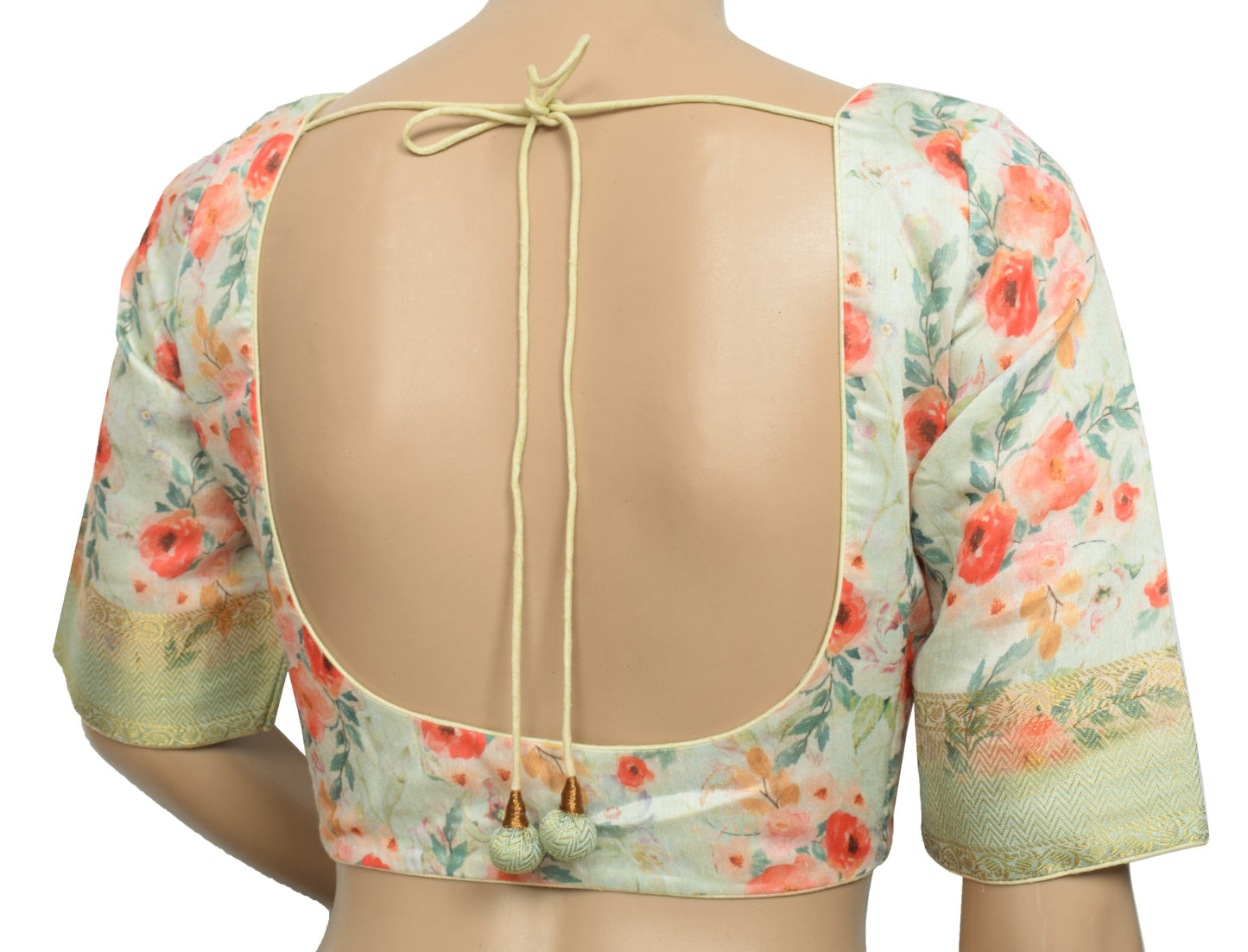 Sushila Vintage Green Floral Sari Blouse Cotton Silk Digital Print Top Choli 38"