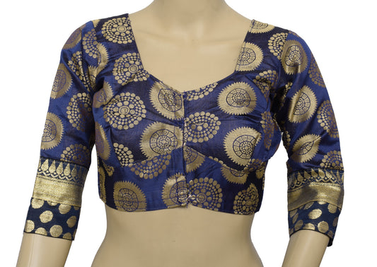 Sushila Vintage Blue Woven Sari Blouse Art Silk Mandala Designer Choli Top 32"