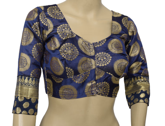 Sushila Vintage Blue Woven Sari Blouse Art Silk Mandala Designer Choli Top 32"