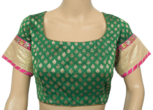 Sushila Vintage Readymade Green Sari Blouse Zari Brocade Floral Silk Choli 36"