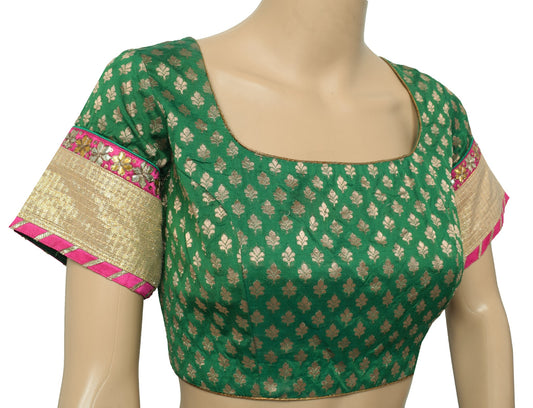 Sushila Vintage Readymade Green Sari Blouse Zari Brocade Floral Silk Choli 36"