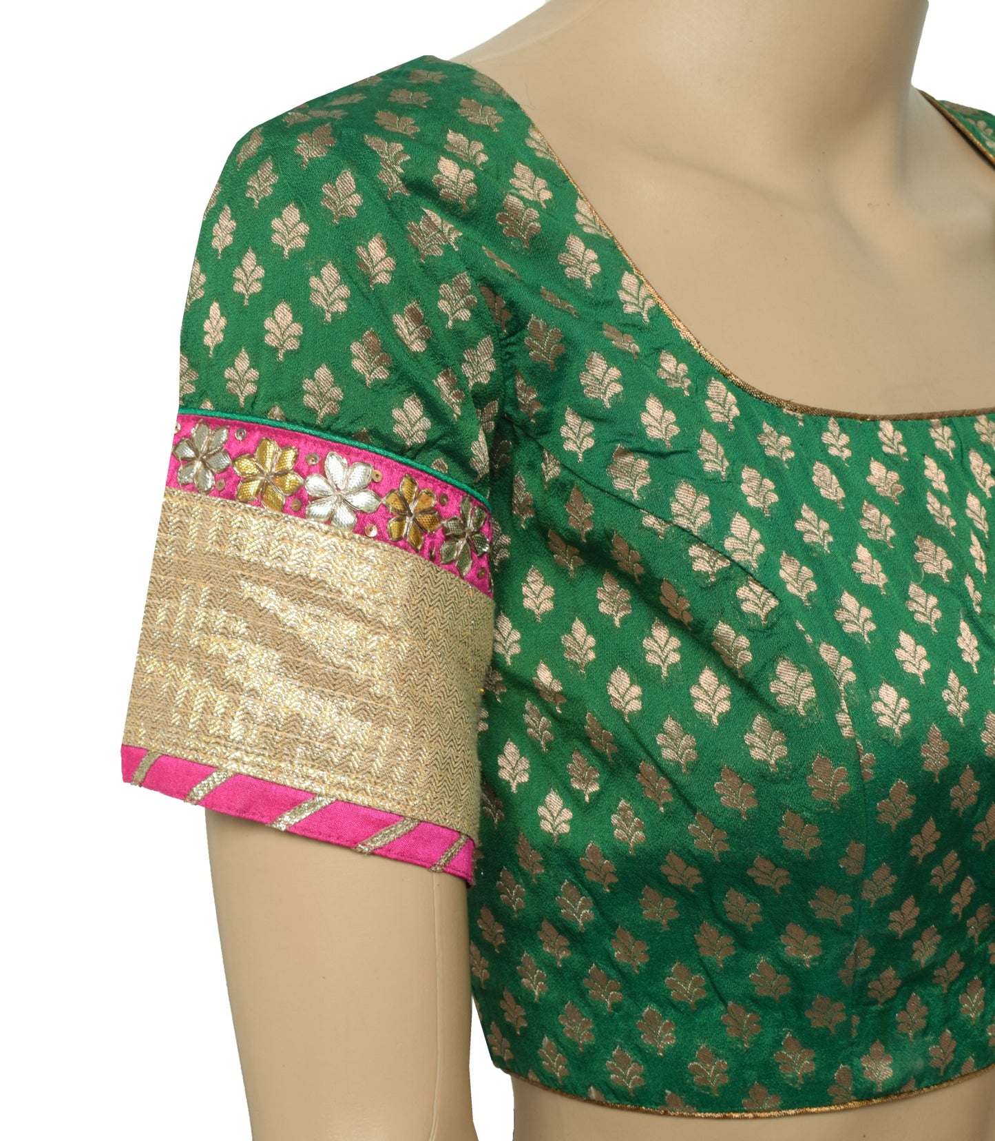 Sushila Vintage Readymade Green Sari Blouse Zari Brocade Floral Silk Choli 36"